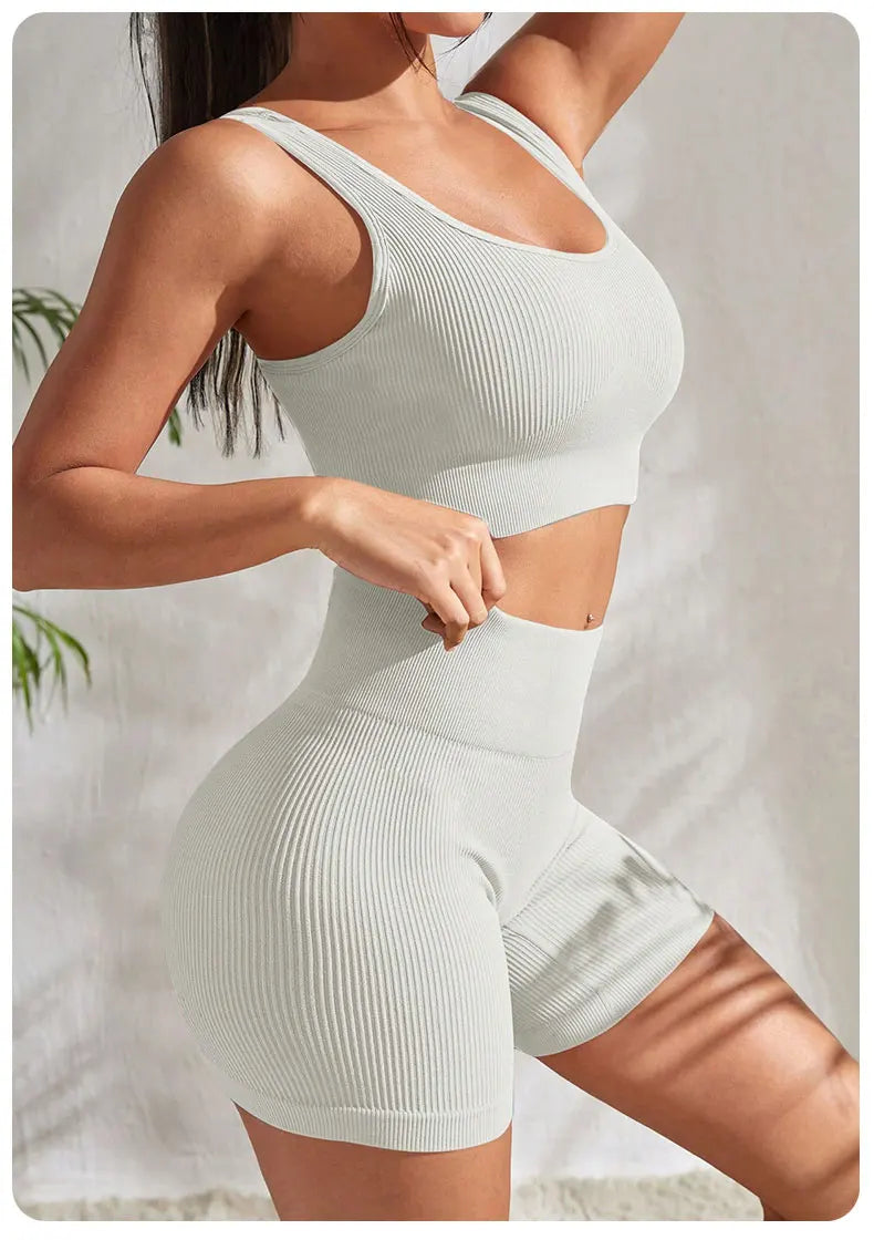 Seamless Ribbed Fitness Set for Women Solid Color Knit 2 Piece Workout Outfit Crop Tank High Waist Shorts Yoga Running