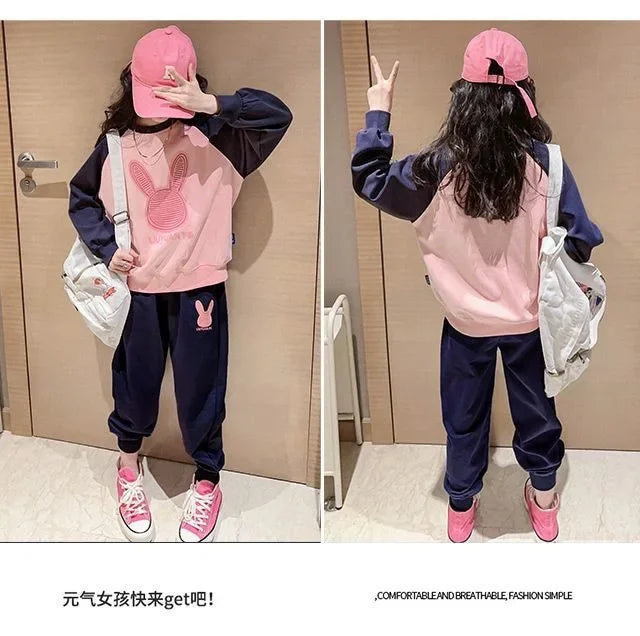 3-13 Years Spring Autumn Girls Clothing Set Cartoon Rabbit Pattern Full Sleeve Top +Pants 2Pcs For Kids