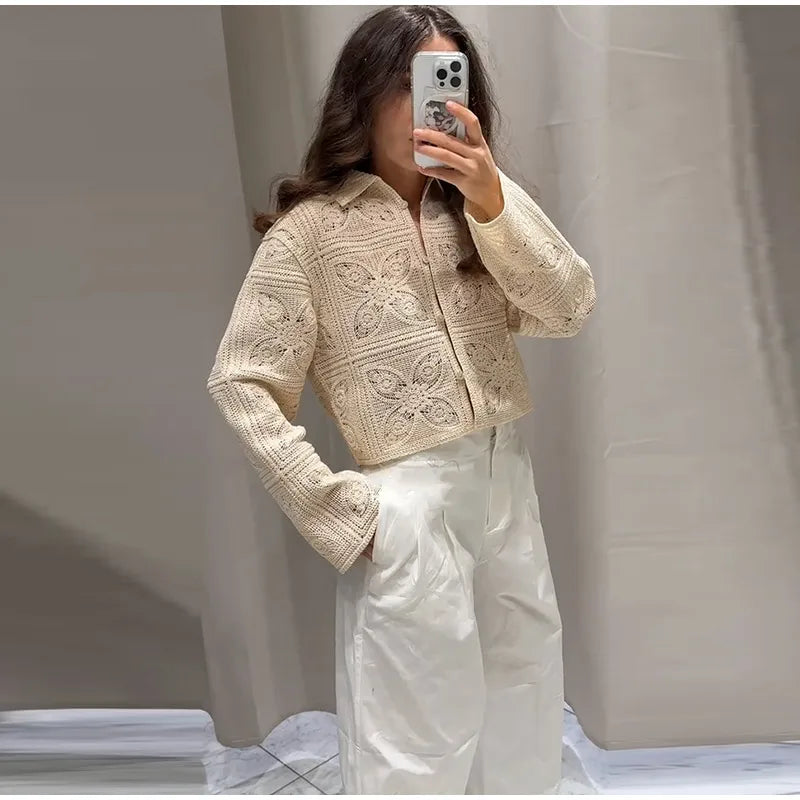 Sweater Crochet Tops Shorts Women Set Lapel Single Breasted Short Top Crochet Flower Hollow Out Shorts Casual Loose Woman Suits