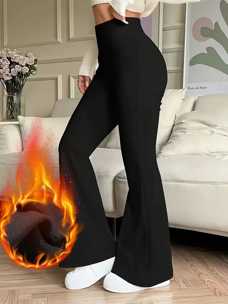 Fleece Solid Color Flared Pants Are Elegant Winter  Thermal Pants They Are Thick And Form Fitting Suitable For Casual Occasions
