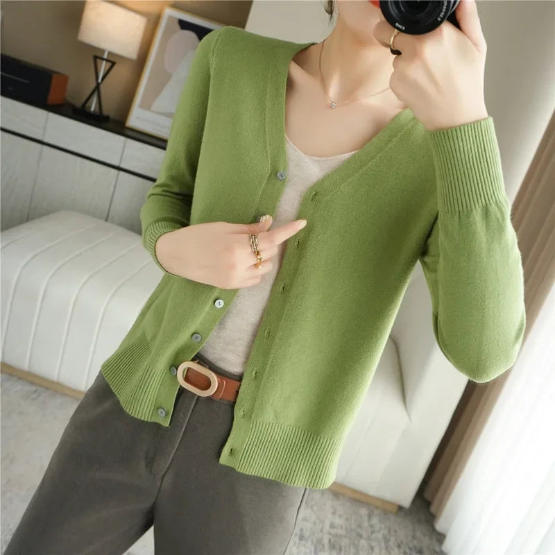 2025 Women Cardigans Long Sleeve Knitted Outerwear Solid Thin Spring Autumn Sweaters V-neck Knitwears Korean Fashion Cardigans