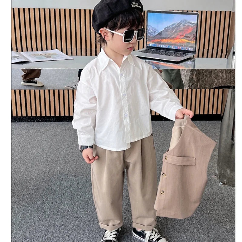 2026 Children Sets Shirts Turn-down Collar Vest Single Breasted Pants Ankle Length Loose Solid Soft Simple Casual Autumn Boys