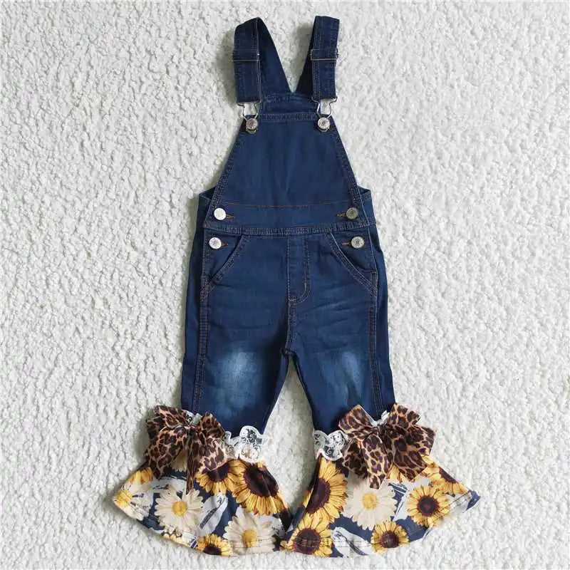 Wholesale Baby Girls Fall Winter Denim Blue Overalls Bell Bottom Kid Children Toddler Flared Button Double Lace Pants Jeans