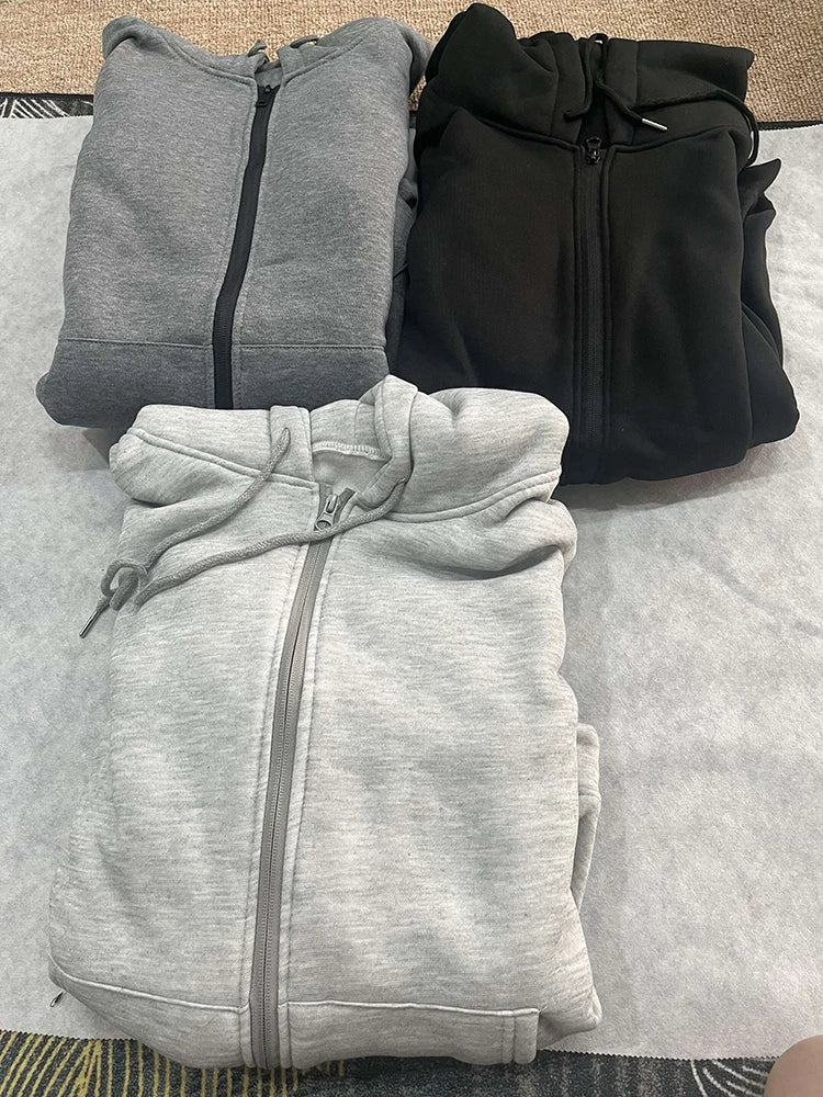 Alobee Autumn Women Gray Black Jacket With Hood Long Sleeve Zipper Jacket Coat Woman Loose Casual Big Pocket Outerwear Coat Tops