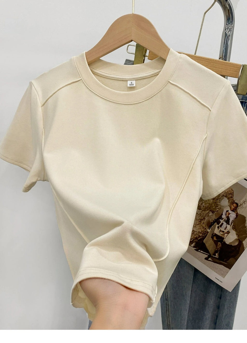 Solid color round-neck short-sleeved slim T-shirt for women 2026 summer and Europe new