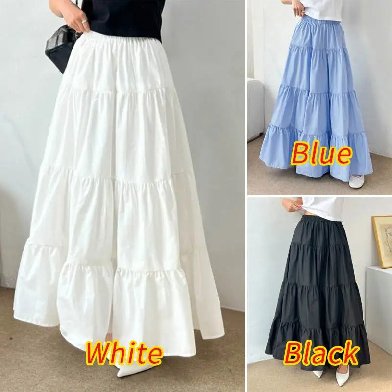 ZANZEA Women Korean Fashion Tiered Maxi Skirt Elastic Waist Casual Solid Color A-line Faldas Mujer Holiday Streetwear Long Jupes