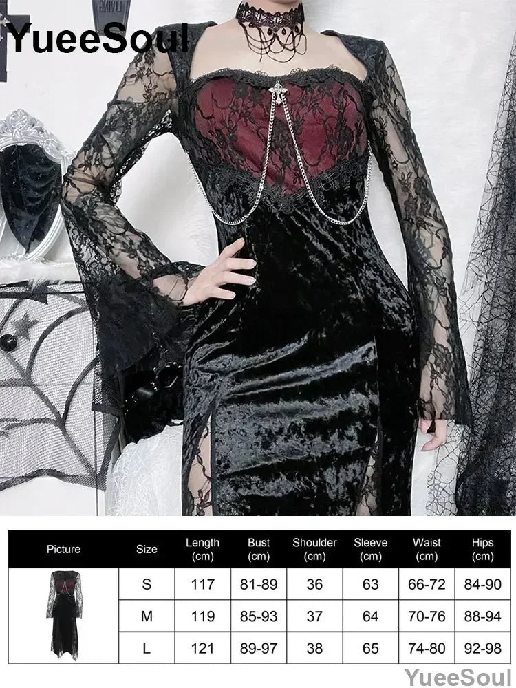 Halloween Gothic Grunge Punk Women Dress Long Sleeve Lace Slim Black Dresses 2026 New Y2K Harajuku Lolita Fairy Core Party Dress