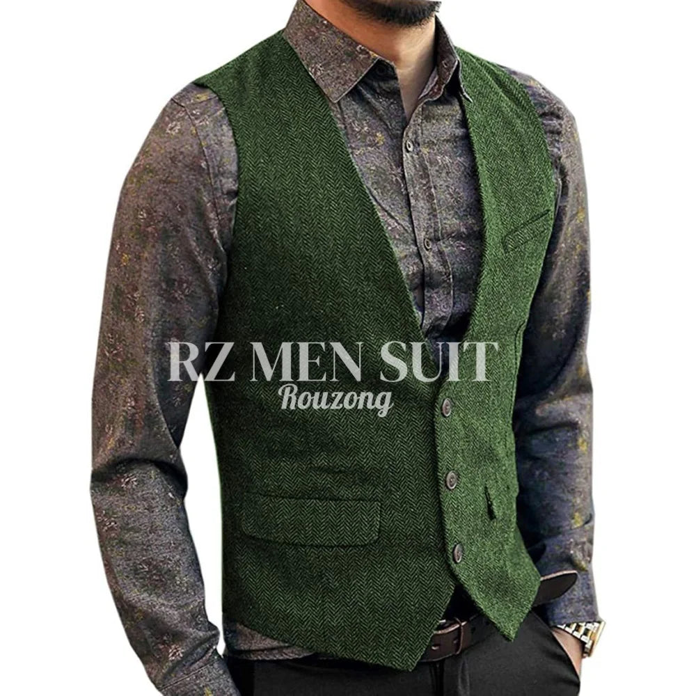 Men's Herringbone Tweed Wool Suit Vest Single Breasted Slim Fit Waistcoat Vest chaleco para hombre