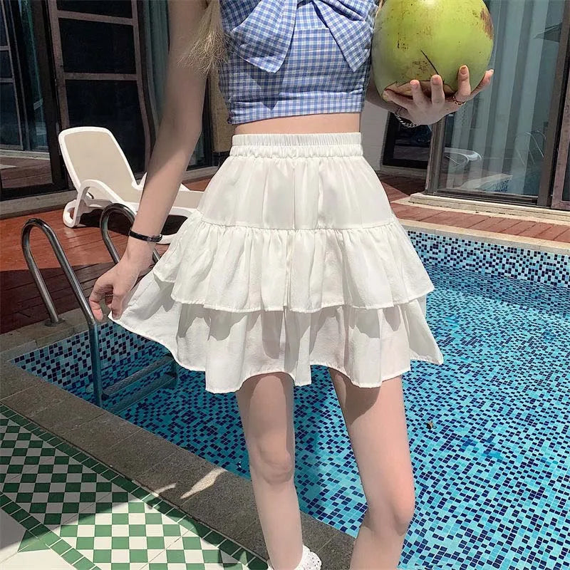 Pleated A-line Skirt White Women Ruffles Sweet Hottie Preppy Style Elastic Elastic Waist Slim Thin SimpleCasual Summer Wholesale