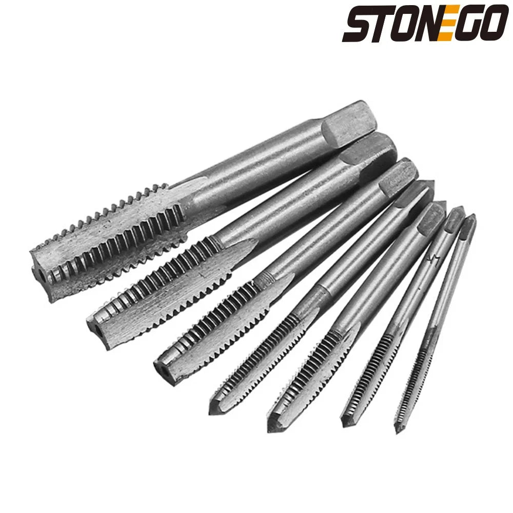 STONEGO 5PCS/7PCS Bearing Steel Taper Hand Spiral Point Straight Fluted Screw Thread Hand Tap Drill M3/M4/M5/M6/M8/M10/M12