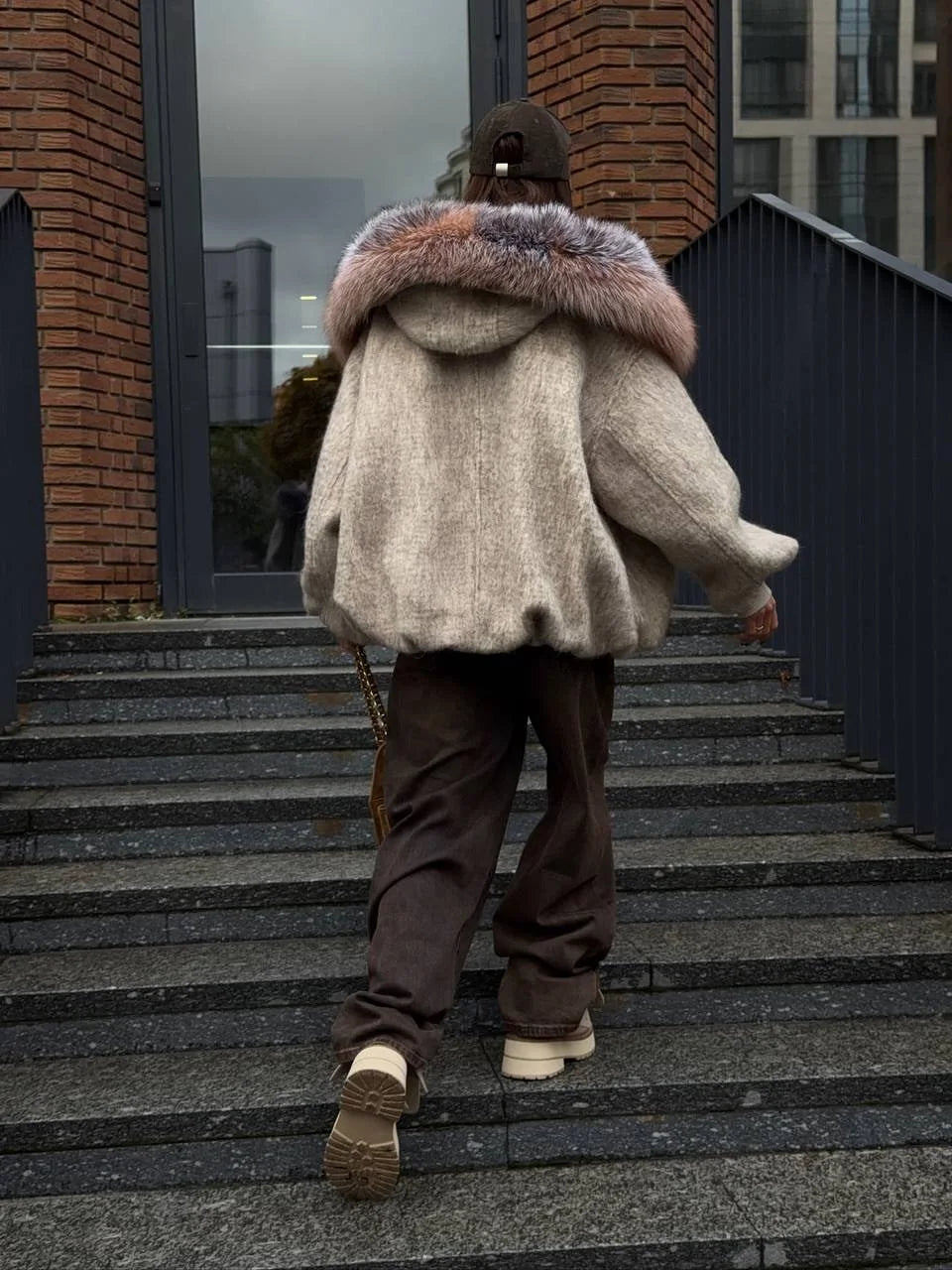 Vintage Faux Fur Woolen Jacket Women Fashion Thicken Hooded Pocket Lantern Sleeve Elastic Waist Coat 2026 Female Daily Outwear