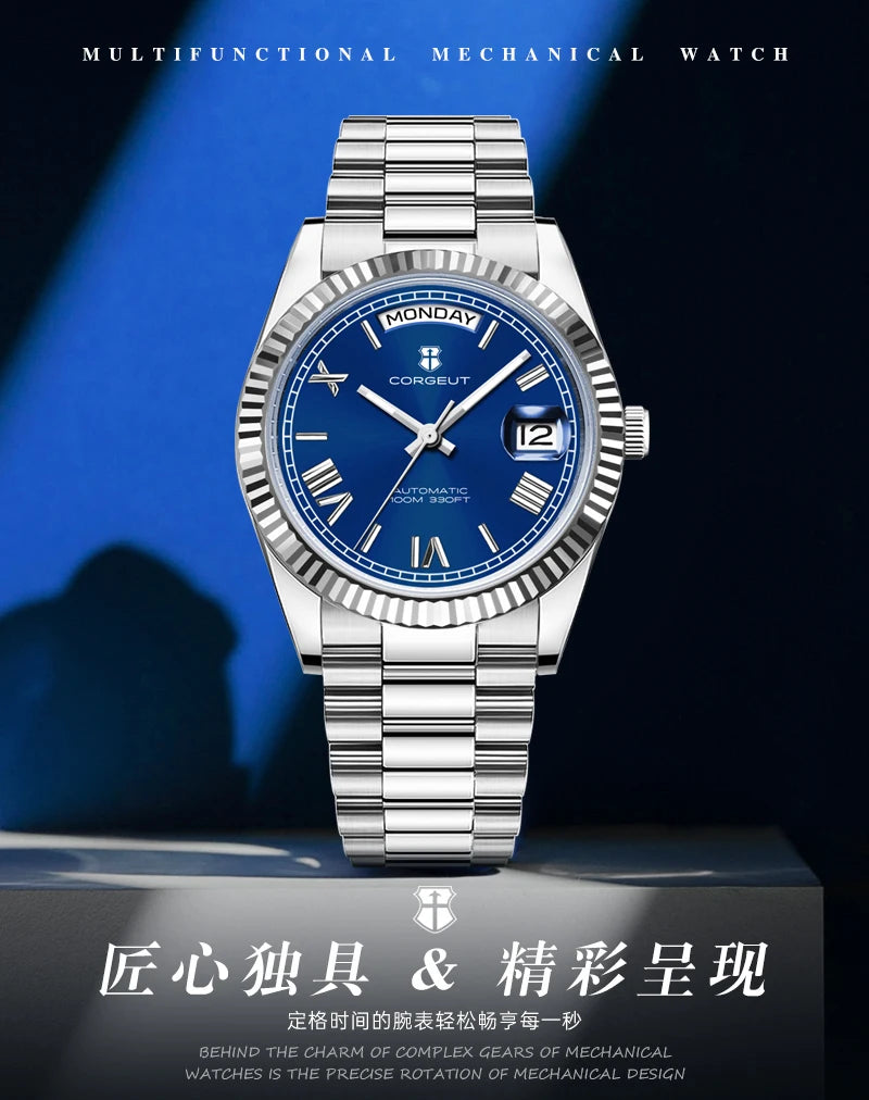 Corgeut automatisch mechanisch herenhorloge - 39/36mm Japanese movemen Saffierdatumweergave met vergrootglas - Reloj para Hombre