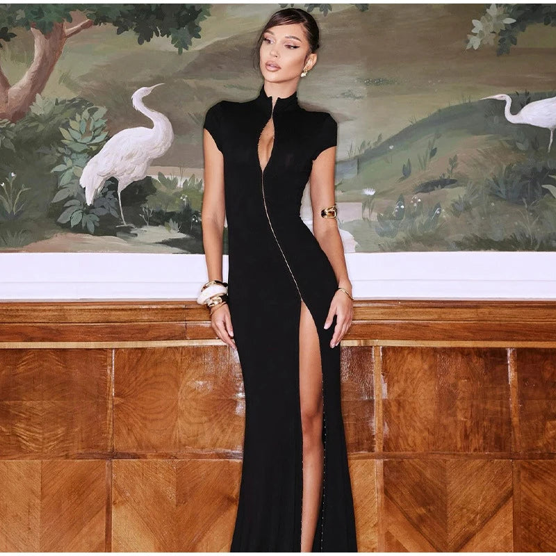 Black Women Hollow Out Slit Dress Sexy Short Sleeve Solid High Neck Slim Fit Maxi Dresses Lady Fashion Evening Party Club Robe