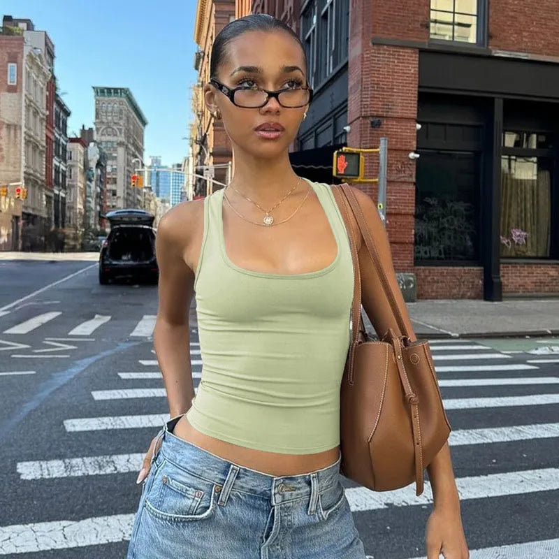 Square Collar Sleeveless Bodycon Crop tank Top Women’S Solid Sexy Elegant Y2K Top Party Clubwear Summer Outfit Wholesale
