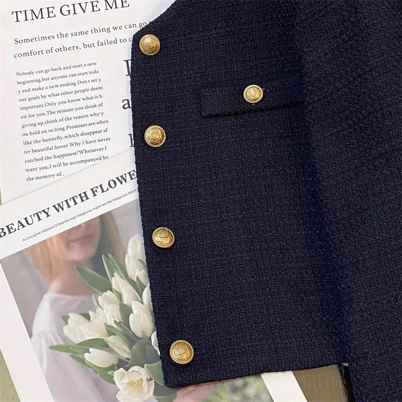 Autumn Winter Ladies Long Sleeves Suit Jacket French Women Round Neck Tops Female Fashion Leisure Splicing Together Blazer Coat