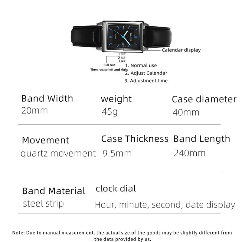 New Casual Leather Men's Square Quartz Watch Korean Student Calendar Watch Men Relojes Para Hombres