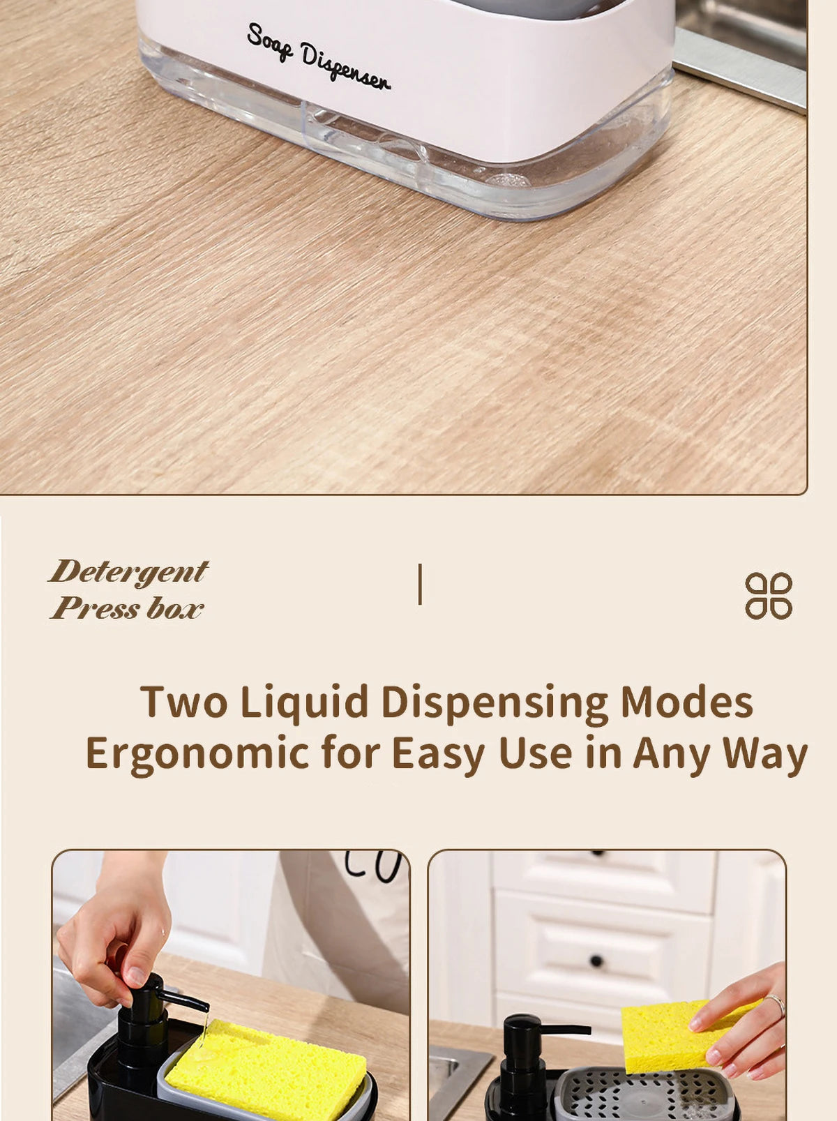 Dishwasher Dispenser, Press Type Manual Soap Dispenser, 2-in-1 Liquid Dispensing Methods, Easy to Detachable and Washable Sponge