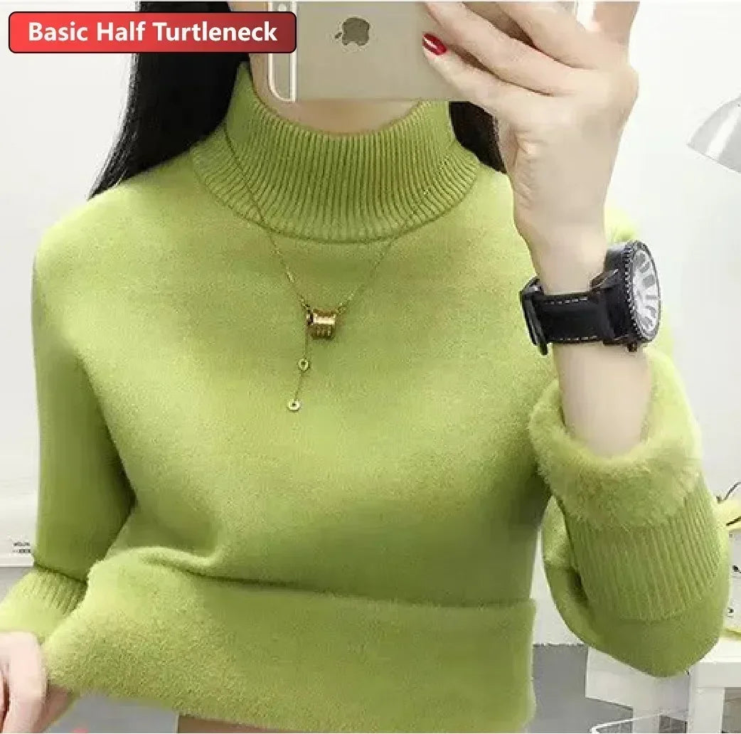 Winter Warm Sweater Pullover Women Slim Thicken Plush Velvet Lined Knitwear Jumper Korean Half Turtleneck Poleras Soft Knit Tops