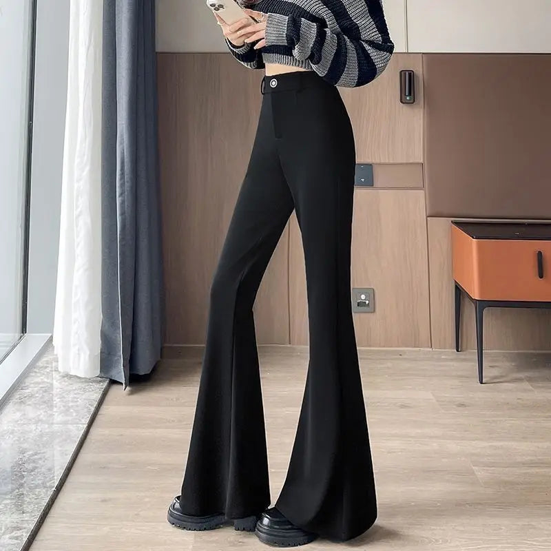Women's High-Waisted Flared Pants Slim Fit Formal Trousers with Button Closure