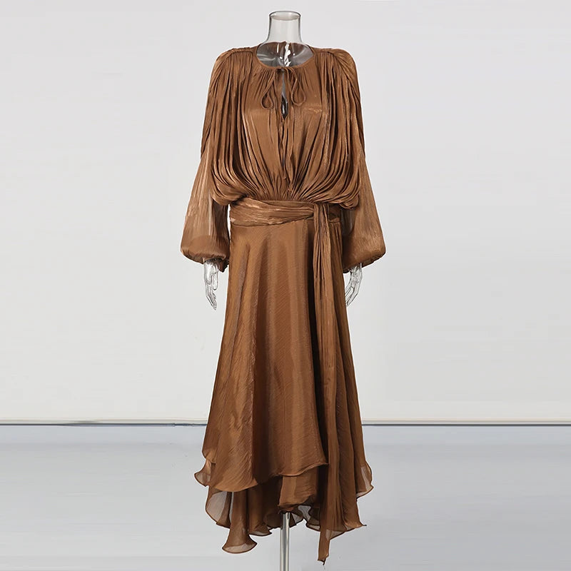 TWOTWINSTYLE Solid Loose Spliced Folds Elegant Dresses for Women Round Neck Long Sleeves Patchwork Lace Up Dress Female Fashion