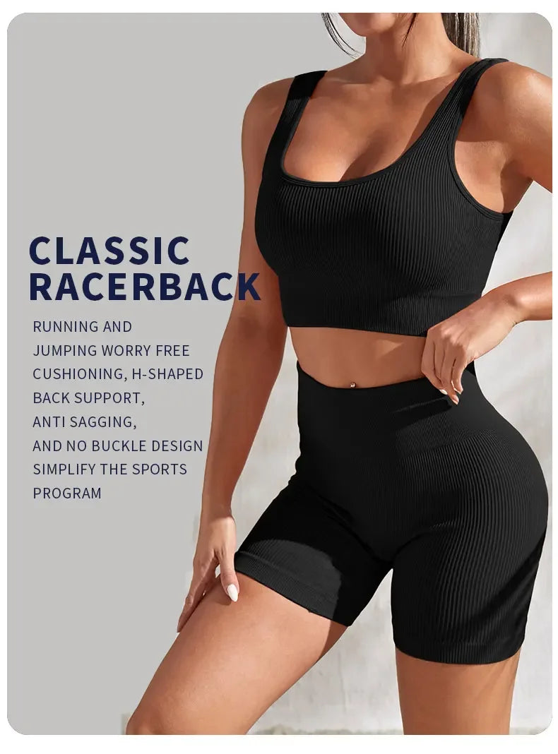 Seamless Ribbed Fitness Set for Women Solid Color Knit 2 Piece Workout Outfit Crop Tank High Waist Shorts Yoga Running