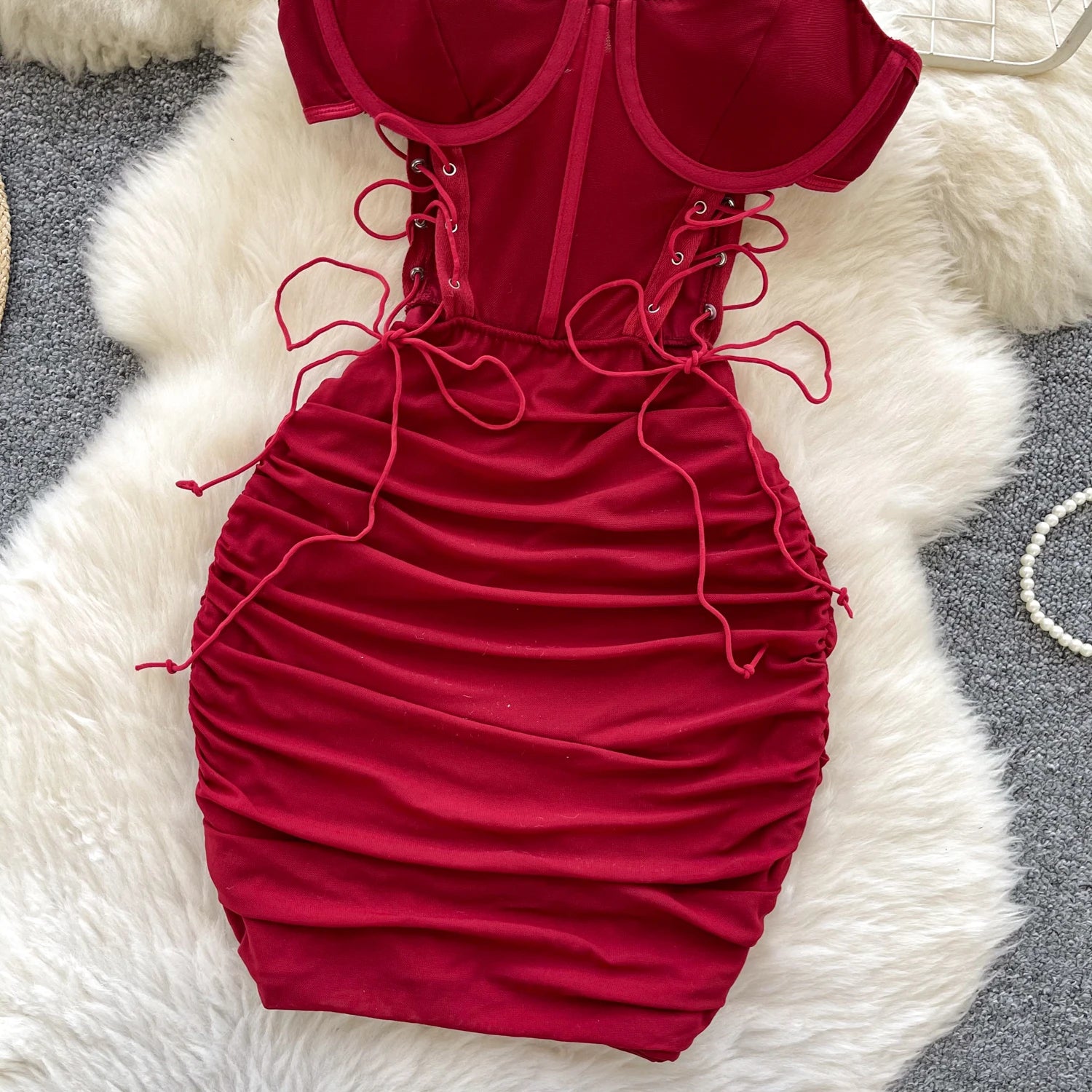 SINGREINY Summer Short Strap Dress Ladies Strapless Lace Up Hollow Out Design Pleated Slim Fit Print Sexy Clubwear Bodycon Dress