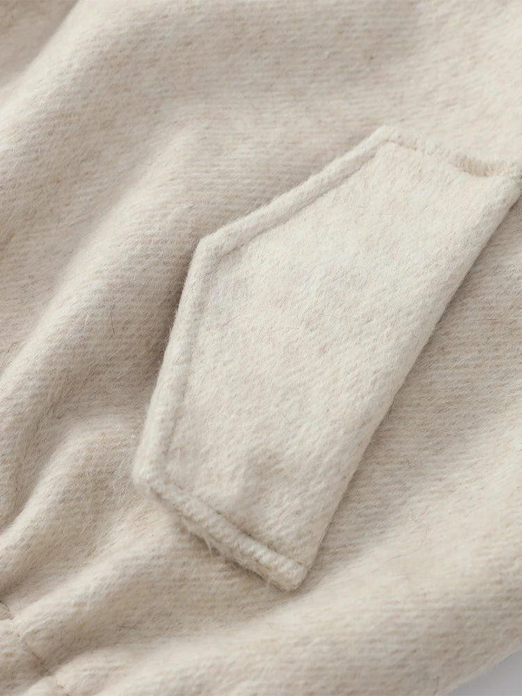 Vintage Faux Fur Woolen Jacket Women Fashion Thicken Hooded Pocket Lantern Sleeve Elastic Waist Coat 2026 Female Daily Outwear