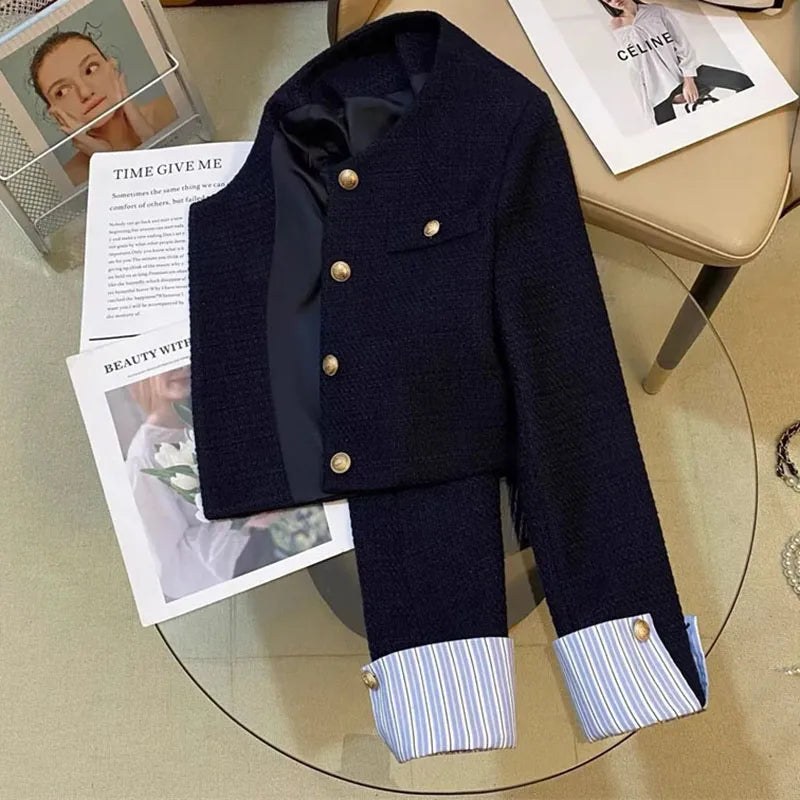 Autumn Winter Ladies Long Sleeves Suit Jacket French Women Round Neck Tops Female Fashion Leisure Splicing Together Blazer Coat