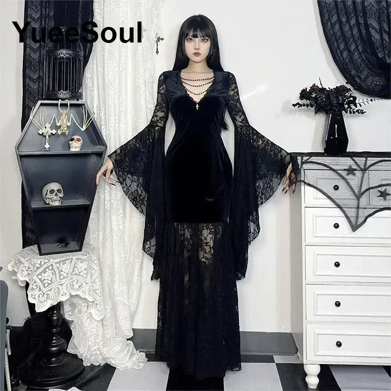Halloween Gothic Grunge Punk Women Dress Long Sleeve Lace Slim Black Dresses 2026 New Y2K Harajuku Lolita Fairy Core Party Dress