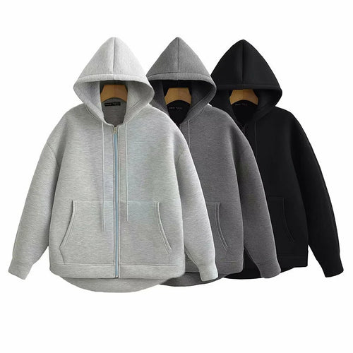 Alobee Autumn Women Gray Black Jacket With Hood Long Sleeve Zipper Jacket Coat Woman Loose Casual Big Pocket Outerwear Coat Tops