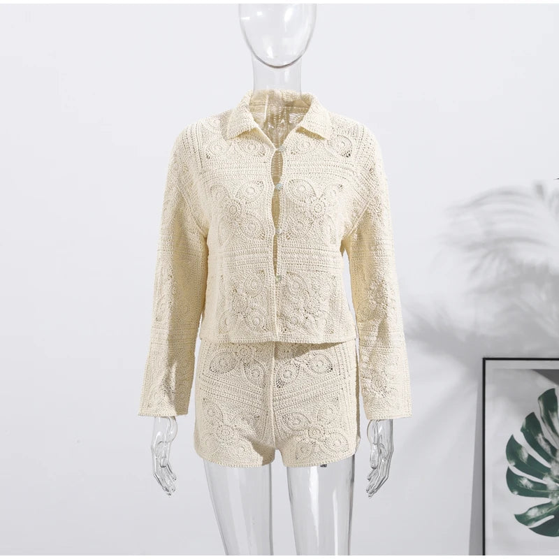 Sweater Crochet Tops Shorts Women Set Lapel Single Breasted Short Top Crochet Flower Hollow Out Shorts Casual Loose Woman Suits