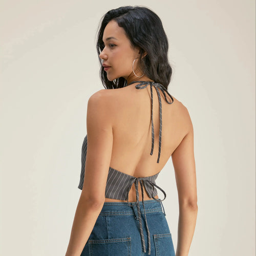 2025 Summer Women’s Adjustable Bow Back Vest | Striped Suit Waistcoat for Office Casual Daily - Deep V Neck Grey Street Chic
