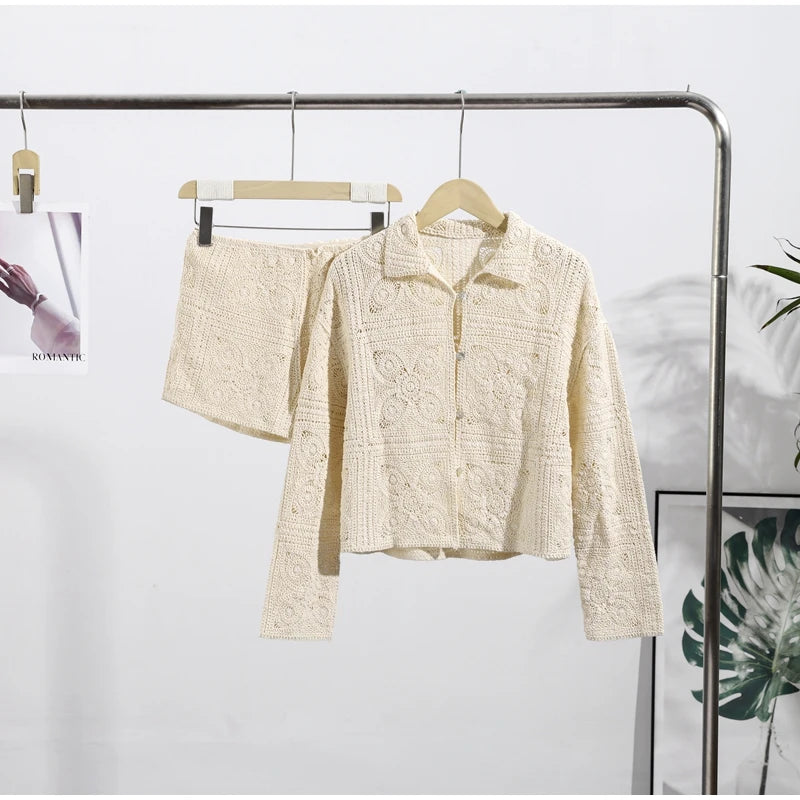 Sweater Crochet Tops Shorts Women Set Lapel Single Breasted Short Top Crochet Flower Hollow Out Shorts Casual Loose Woman Suits
