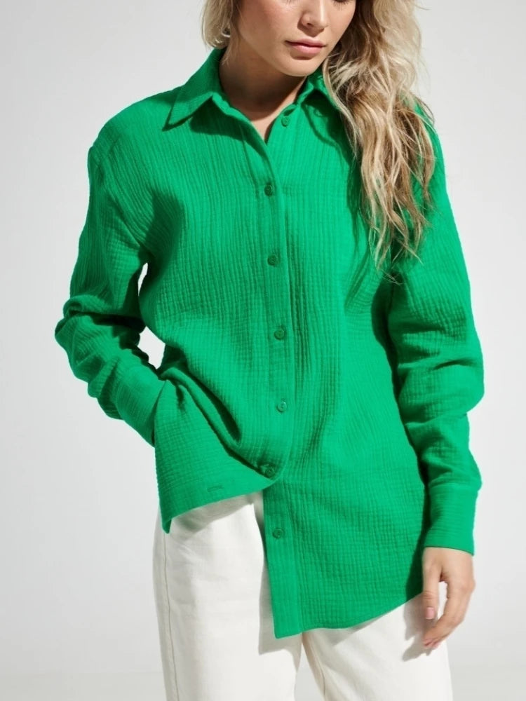 Bornladies 2025 Women's Spring Summer 100% Cotton Shirts Office Lady  Fashionable Solid Lady Long Sleeve Loose Tops Crepe Shirts