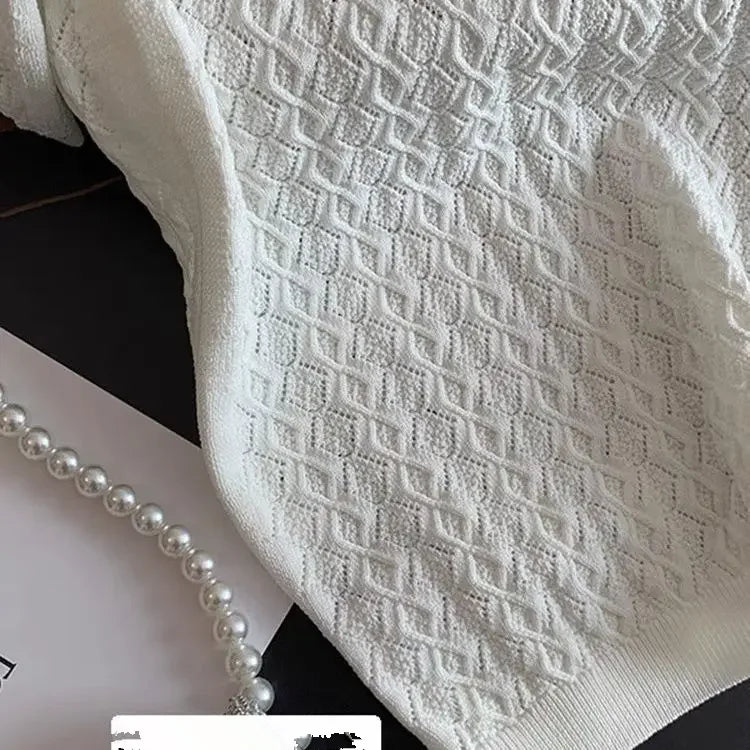 French High end Ice Silk Polo Shirt Women Summer Chic Thin Unique Jacquard Knitted Short Sleeve Loose White T-shirt Women Top