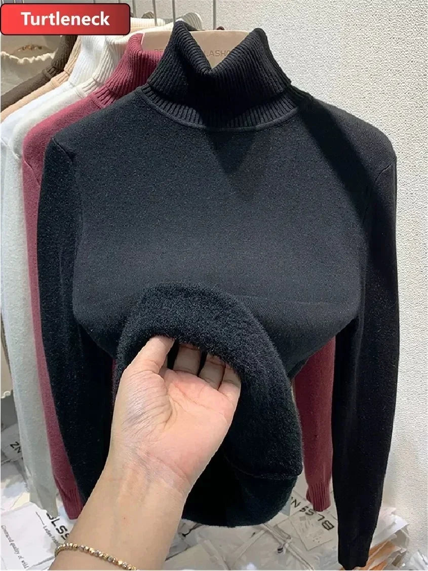 Winter Warm Sweater Pullover Women Slim Thicken Plush Velvet Lined Knitwear Jumper Korean Half Turtleneck Poleras Soft Knit Tops