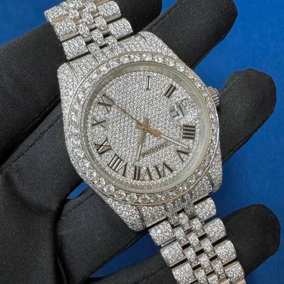 BOJ R.O.L.E.X.01 Roman Number VVS Moissanite Diamond Luxury Fashion Automatic Analog Steel Mechanical Iced Hip Hop Watch Men