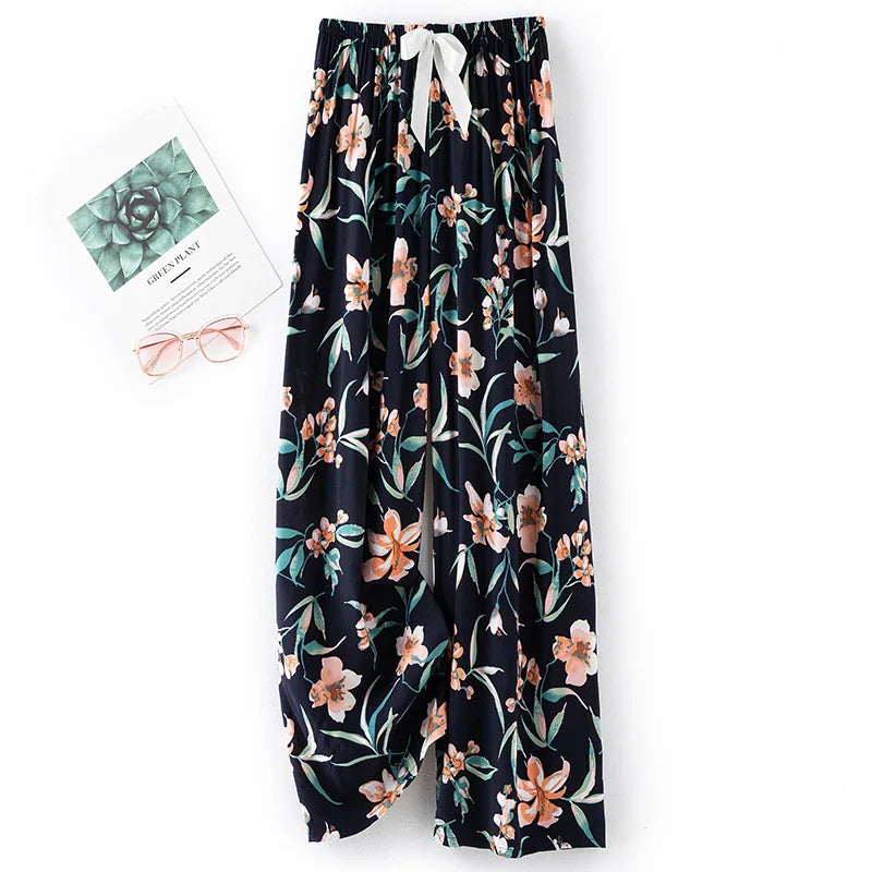 Women Casual Autumn Wide Leg Pants Floral Beach Trousers High Waist Boho Ethnic Style Calf Pants Four Season Girls Home Clothes