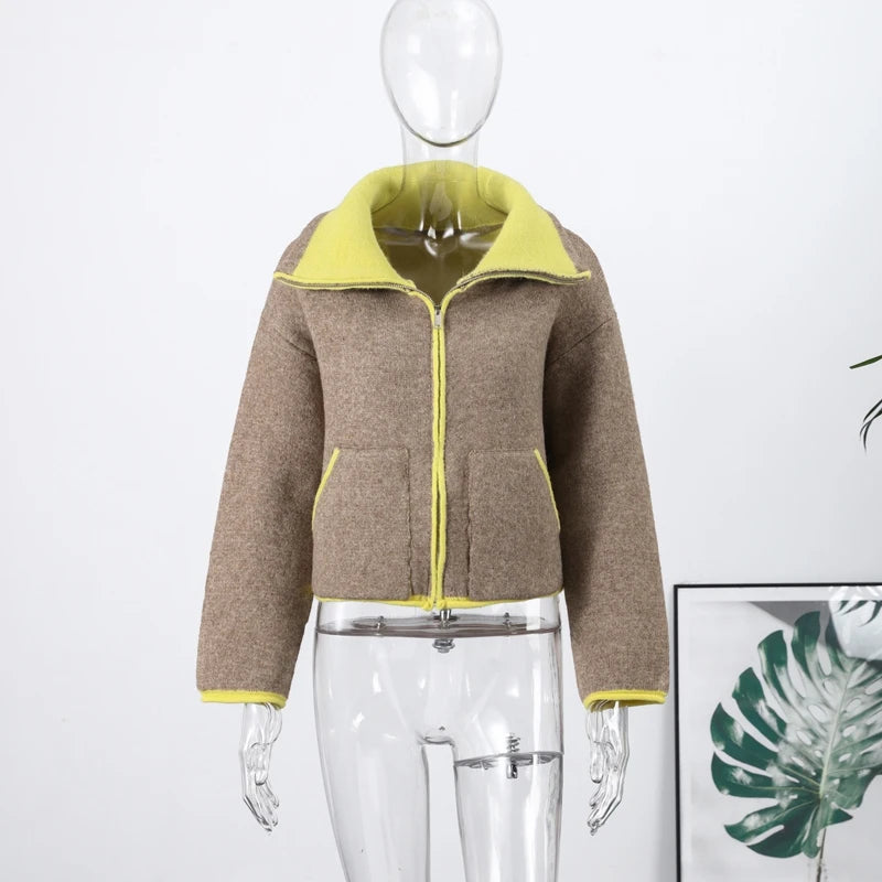 Fashion Contrast Knit Coat Women Stand Collar Zipper Pockets Full Sleeve Jacket 2025 Autumn Lady Elegant Outwear 2026 Spring New