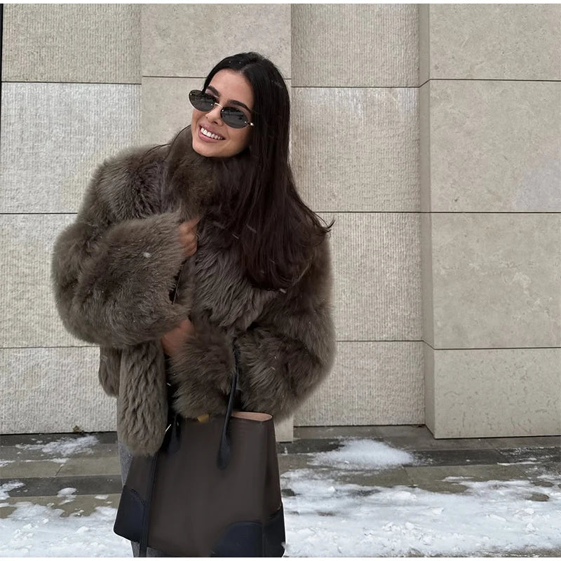 Vintage Faux Fur Woolen Jacket Women Fashion Thicken Hooded Pocket Lantern Sleeve Elastic Waist Coat 2026 Female Daily Outwear