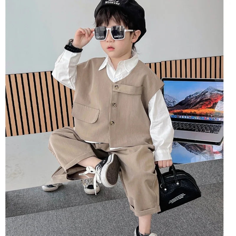 2026 Children Sets Shirts Turn-down Collar Vest Single Breasted Pants Ankle Length Loose Solid Soft Simple Casual Autumn Boys