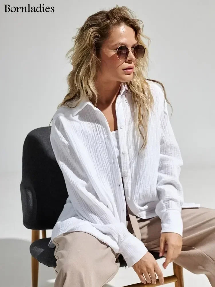 Bornladies 2025 Women's Spring Summer 100% Cotton Shirts Office Lady  Fashionable Solid Lady Long Sleeve Loose Tops Crepe Shirts