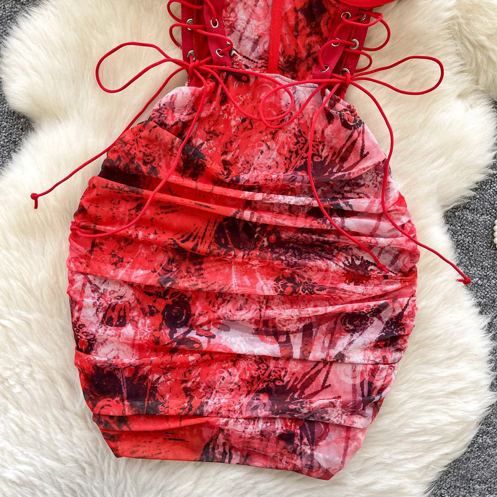SINGREINY Summer Short Strap Dress Ladies Strapless Lace Up Hollow Out Design Pleated Slim Fit Print Sexy Clubwear Bodycon Dress