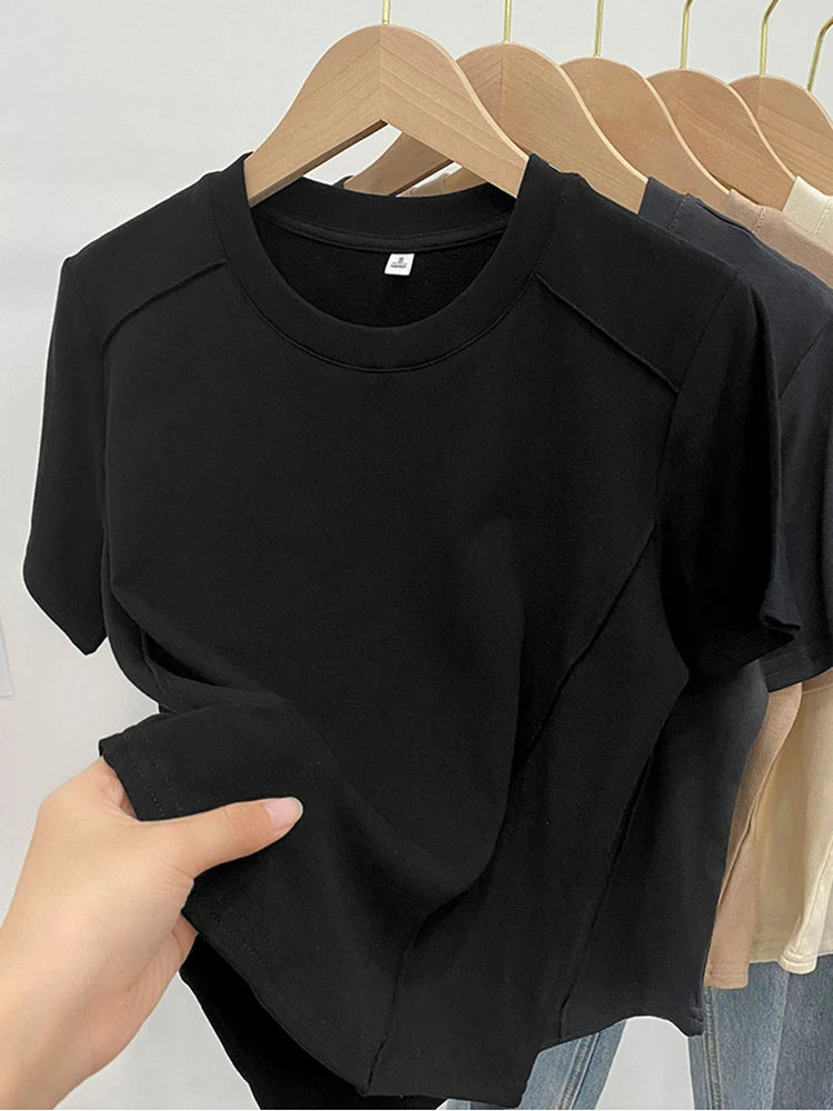 Solid color round-neck short-sleeved slim T-shirt for women 2026 summer and Europe new