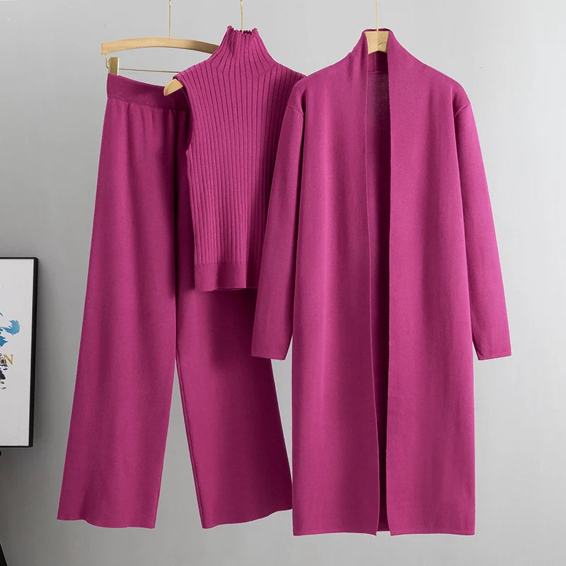 2026 Winter And Autumn Fashionable Elegant Women's Knitted 3-Piece Set cardigan Women's Sweater Women's Wide Leg Pants