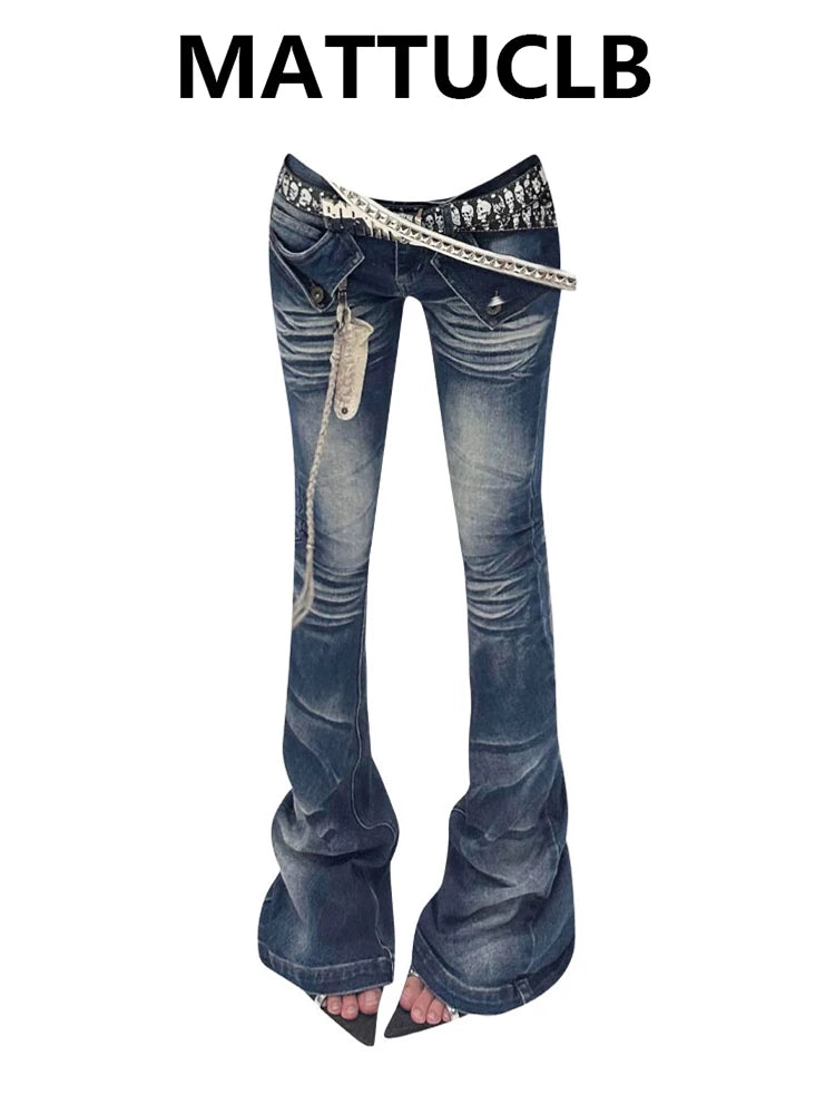 Women's Low Flare Jeans Cyber Punk Abi Y2k Japanese Skinny Bootcut Harajuku Goblin Core Long Trousers Denim Pants Bell Bottom