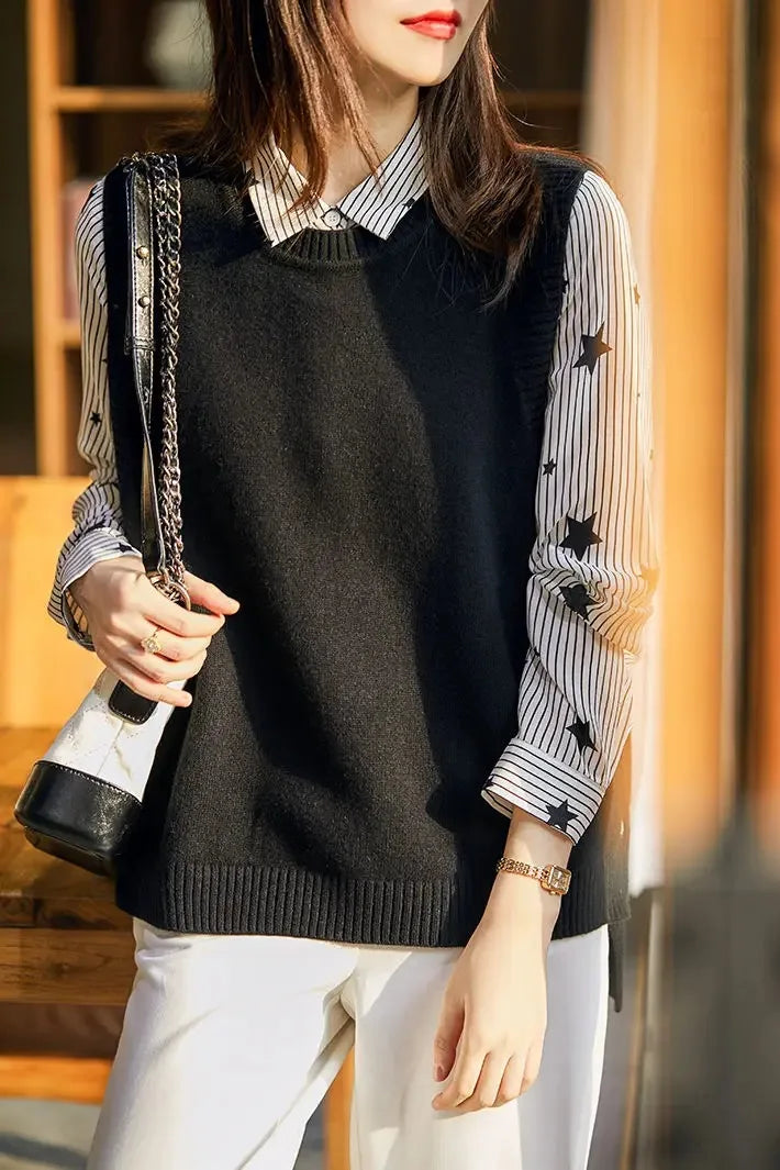 Fashion knit sweater vest College style under three-button solid color crew neck casual all-match pullover sweater for women