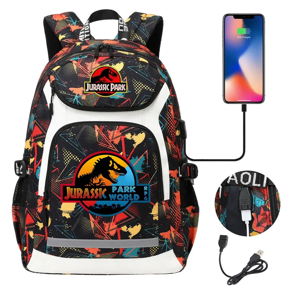 Jurassic World Park Dinosaur Girls Boys Kids School Book Bags USB Teenagers Schoolbags Women Men Laptop Travel Backpack