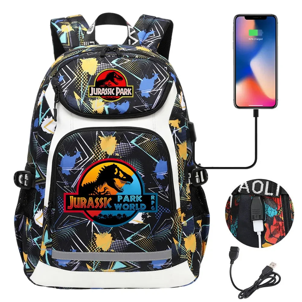 Jurassic World Park Dinosaur Girls Boys Kids School Book Bags USB Teenagers Schoolbags Women Men Laptop Travel Backpack
