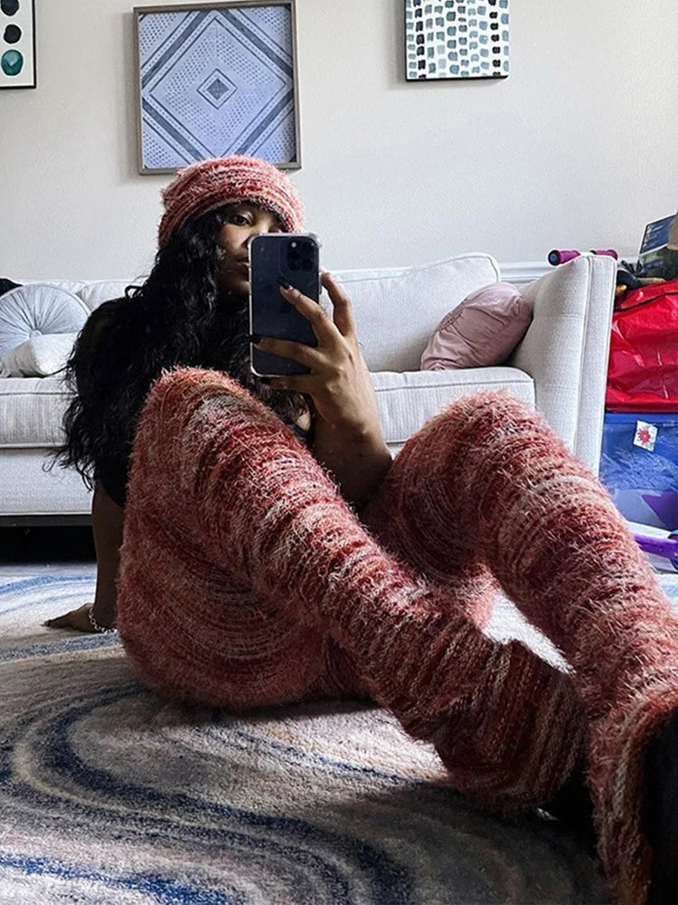 Fuzzy Flare Pants Woman 2024 Winter Stacked Fur Pant Women High Waist Leggings Fashion Skinny Casual Sexy Club Flared Pants